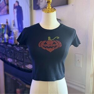 Dolls Kill Trickz N' Treatz Black Rhinestone Pumpkin Shirt